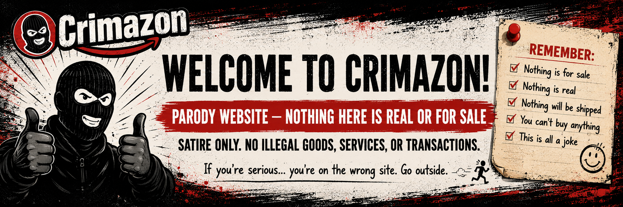 Crimazon parody website hero banner stating nothing is real or for sale